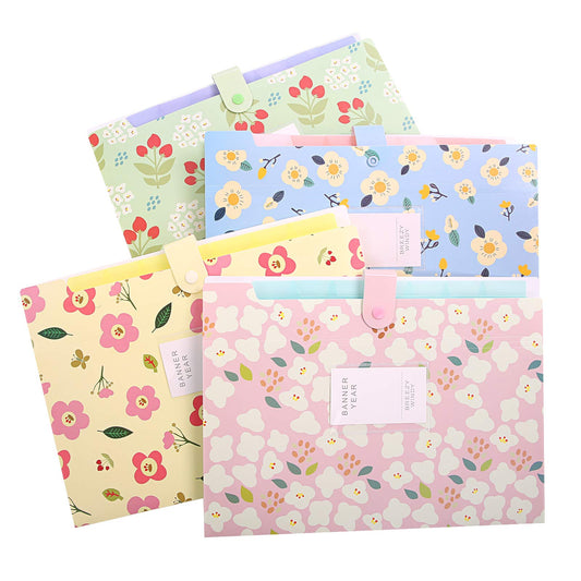 KONVINIT A4 expanding file with 7 compartments. Floral document organizer for home, school, and work trips. Large capacity. Set of 4.