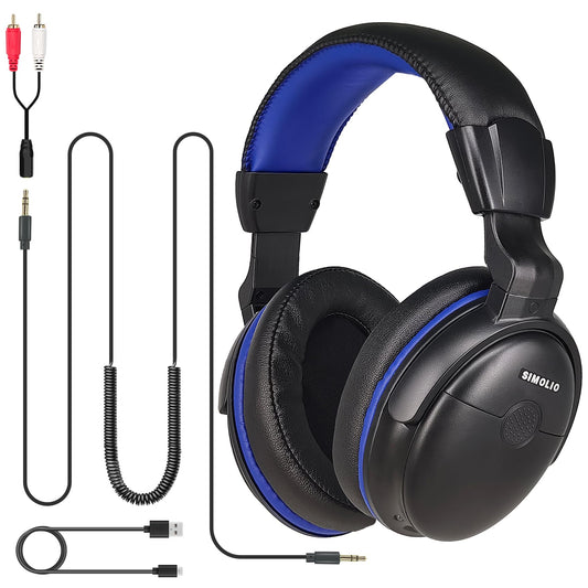 SIMOLIO TV headphones with long cable, over-ear headset for TV with sound amplification, tone and volume controls, 18ft coiled cable with clip, 3.5mm AUX & RCA audio, 40 hours playback time, SM-905TV.