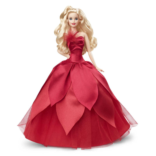 Barbie HBY03 - Signature Holiday Doll 2022 (Blonde Hair) in red dress, with red lipstick and golden earrings, toy for children aged 6 and up.