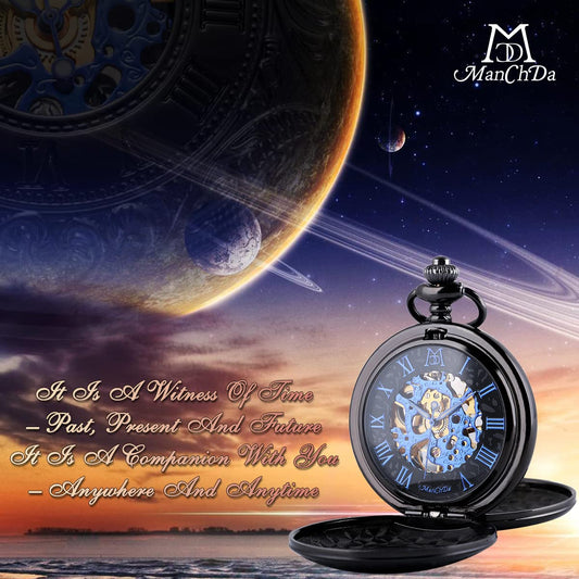 ManChDa® Classic Pocket Watch Retro Dial with Roman Numerals Steampunk Skeleton Mechanical Delicate Movement for Men Women with Chain (Black) + Gift Box