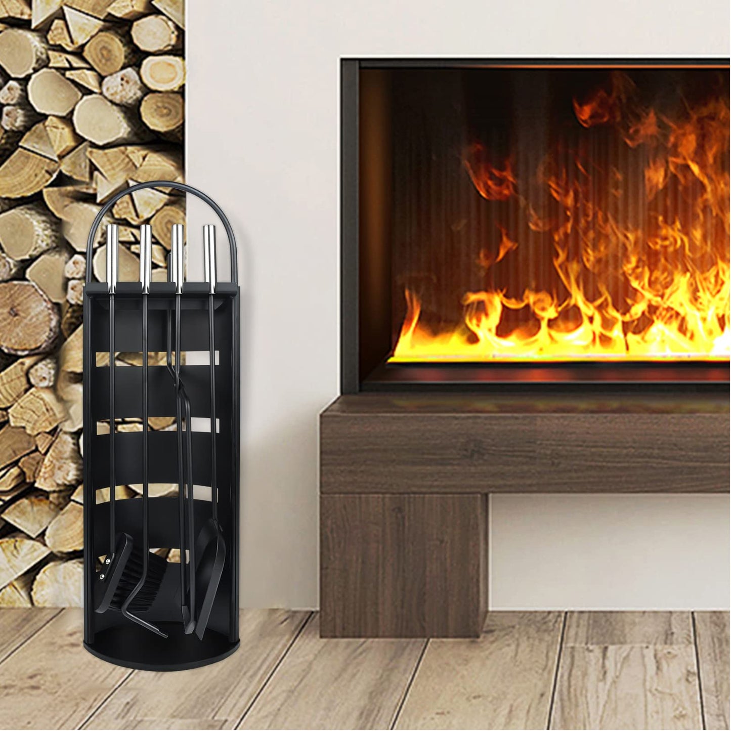 UISEBRT Fireplace Tool Set Black - Modern Stainless Steel 5-piece fireplace tool set: stainless steel stand with windshield, broom, tongs, poker, ash shovel (Black)