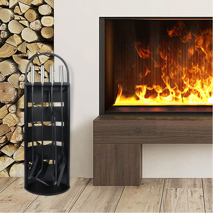 UISEBRT Fireplace Tool Set Black - Modern Stainless Steel 5-piece fireplace tool set: stainless steel stand with windshield, broom, tongs, poker, ash shovel (Black)
