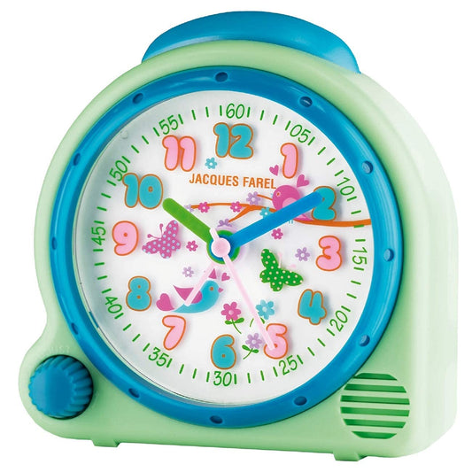 JACQUES FAREL HappySound Children's Alarm Clock Sound Alarm Light Green Mint with Melody Birdsong in the Forest, Volume Control Analog Quartz Light AVC 16FOREST