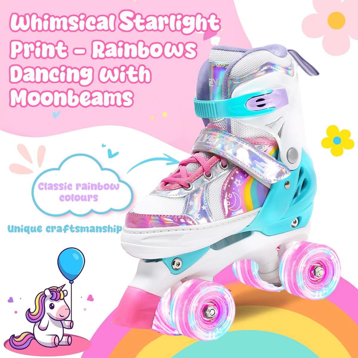 OLYSPM Kids Roller Skates Adjustable Ladies Roller Skates, LED Roller Skates and 4 Sizes Adjustable, Roller Skates with Storage Bag for Girls, Boys and Beginners (Pink)