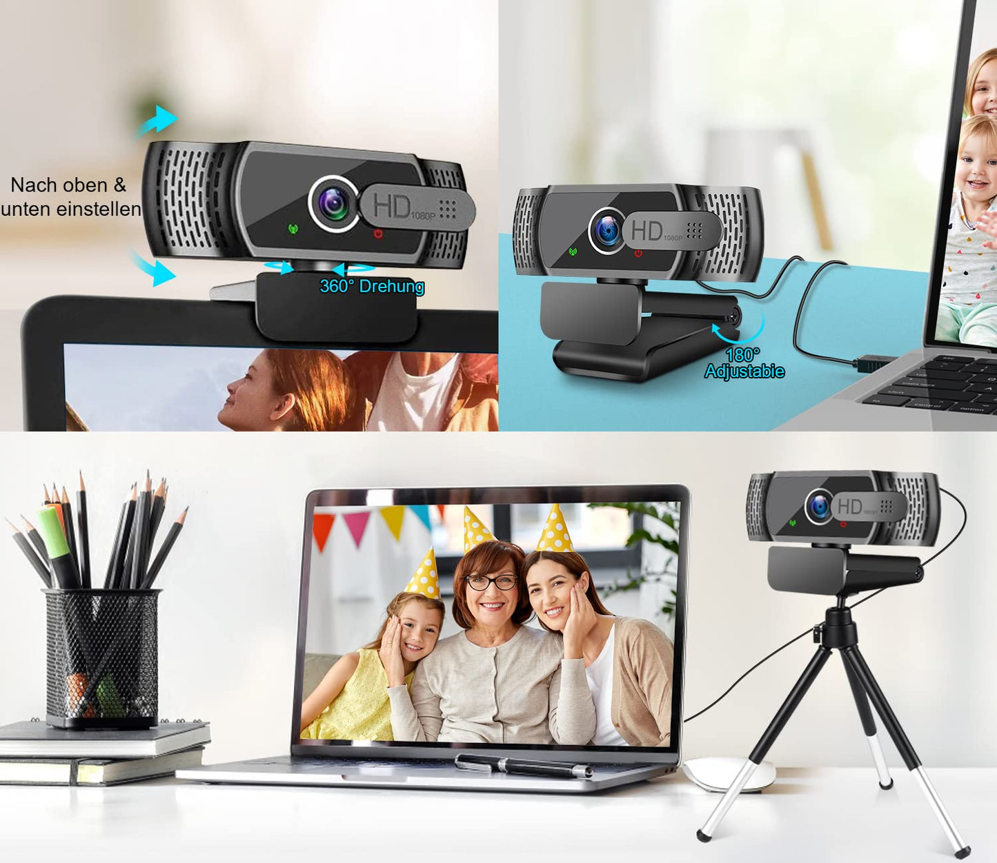 Full HD 1080P webcam with microphone and tripod, automatic light correction, Neefeaer USB PC webcam with cover, 97° wide angle, PC camera for PC, laptop, computer, Linux, Mac