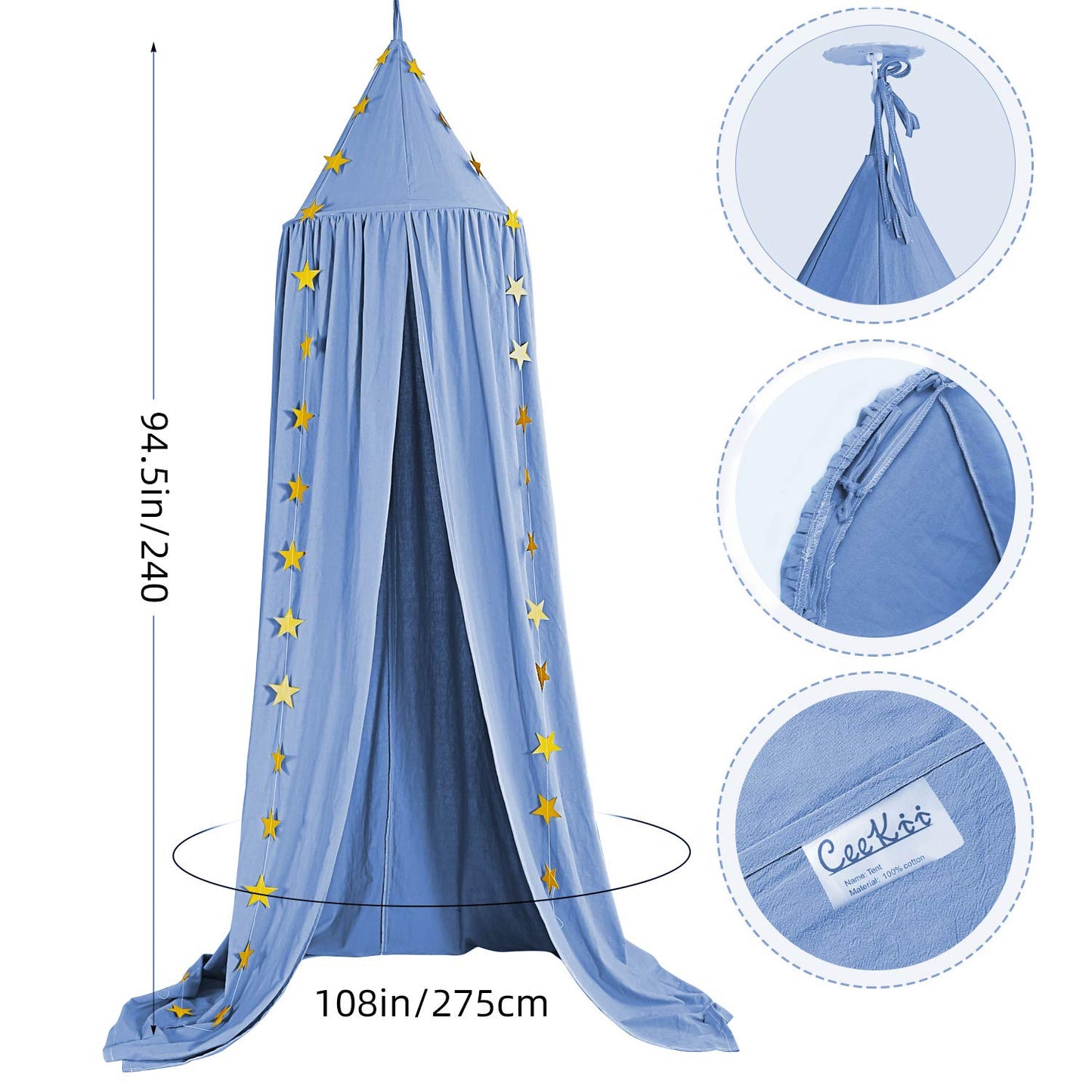 CeeKii Canopy Nursery Bed Canopy, Bed Curtain Baby Room Decor Mosquito Net for Princess Play Tents Baby Bed Bedroom Decoration with Star Garland (Blue)