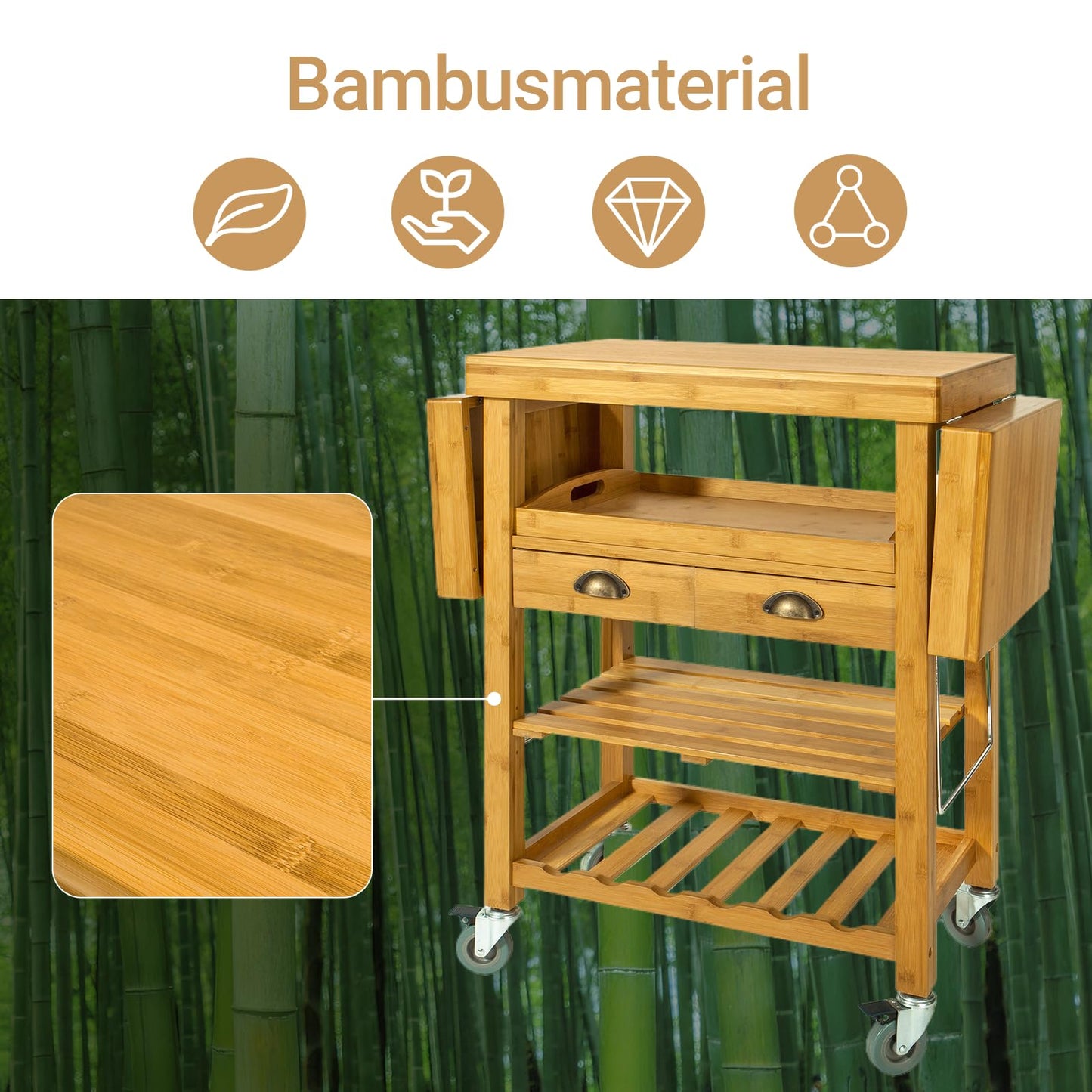 SoBuy bamboo kitchen trolley with wheels - kitchen cart with worktop, wooden side table with foldable shelf, kitchen trolley - ideal as a kitchen island in industrial design 135x92x37cm FKW25-N.