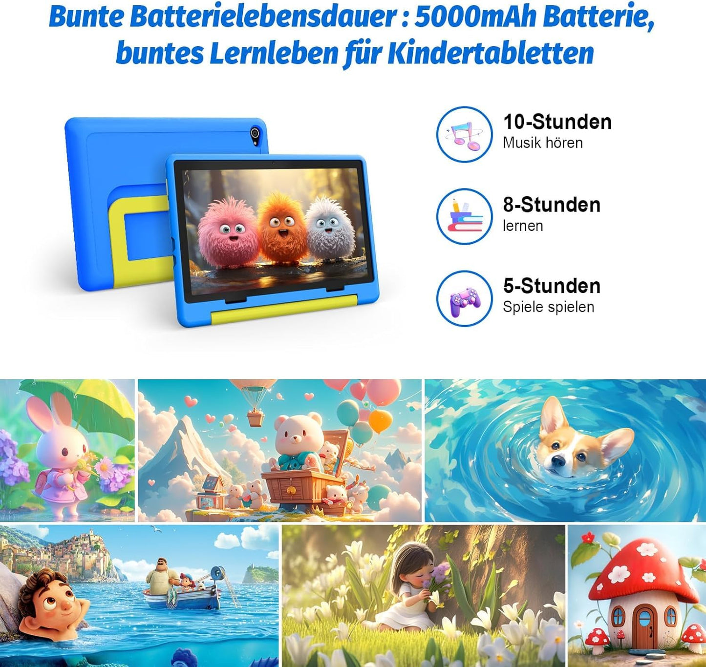 Freeski Kids Tablet 10.1 inch, Android 14 tablet for kids with parental control app, 8GB+64GB+1TB expandable storage, 5MP+8MP cameras, 5000mAh battery, Wi-Fi 6, Bluetooth 5.0, Type-C (Blue)