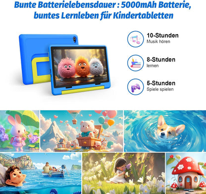Freeski Kids Tablet 10.1 inch, Android 14 tablet for kids with parental control app, 8GB+64GB+1TB expandable storage, 5MP+8MP cameras, 5000mAh battery, Wi-Fi 6, Bluetooth 5.0, Type-C (Blue)