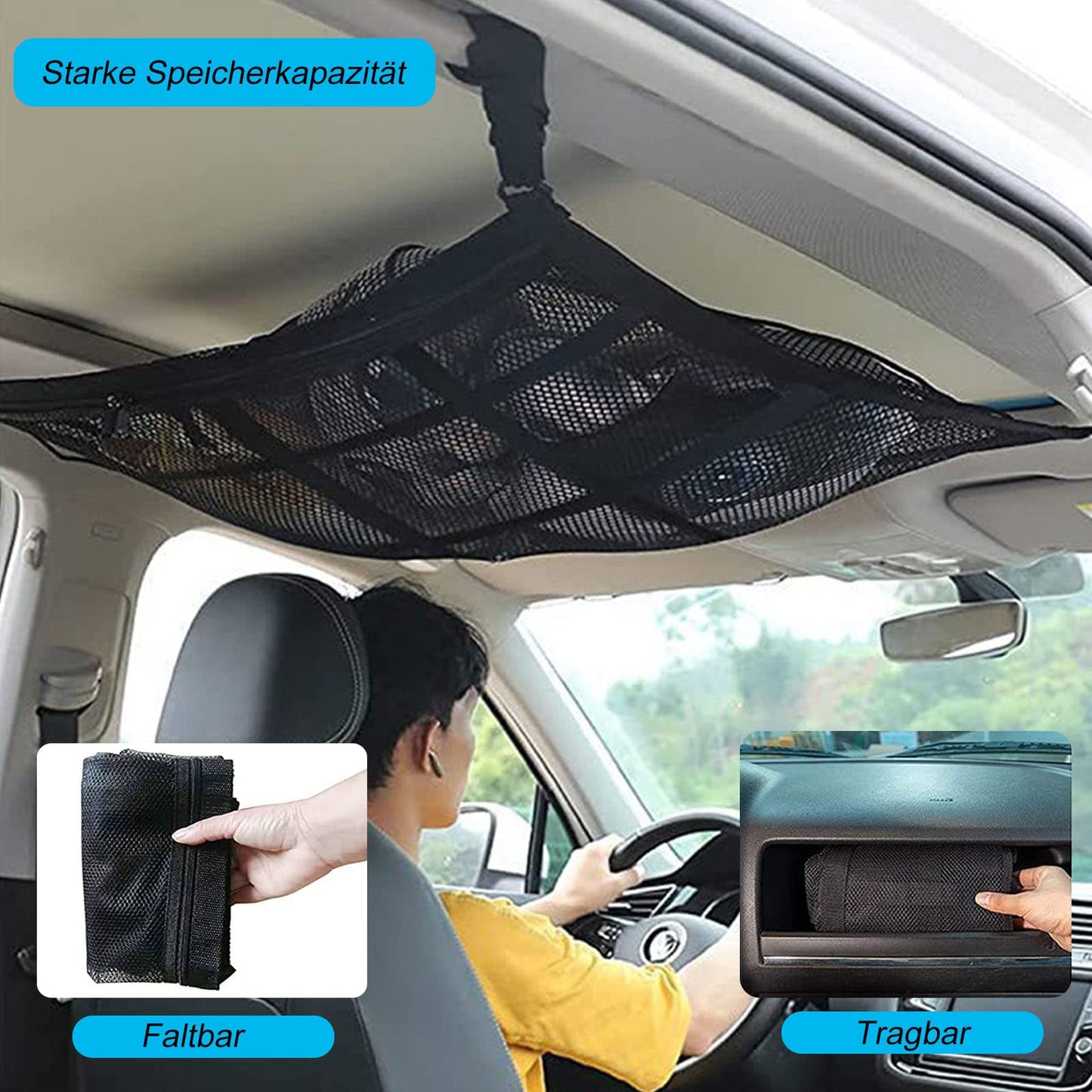 ViWaVee Car Roof Rack Net, double-layered car roof storage for blankets, car net organizer for four roof armrests, SUV, van. Great car camping accessory for long road trips. (90 x 65 cm)