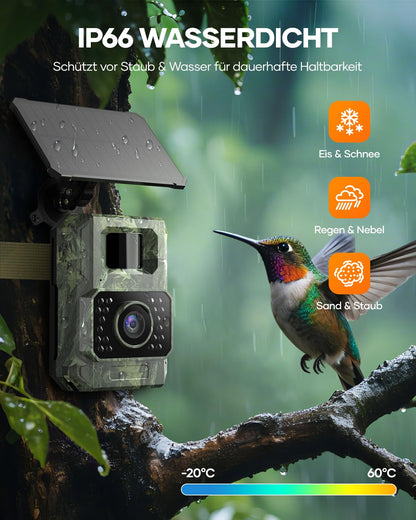 Assark trail camera with phone transmission app, 48MP 30fps WIFI solar trail camera with motion sensor night vision, rechargeable 2000mAh lithium battery, 0.2s trigger, IP66 waterproof.