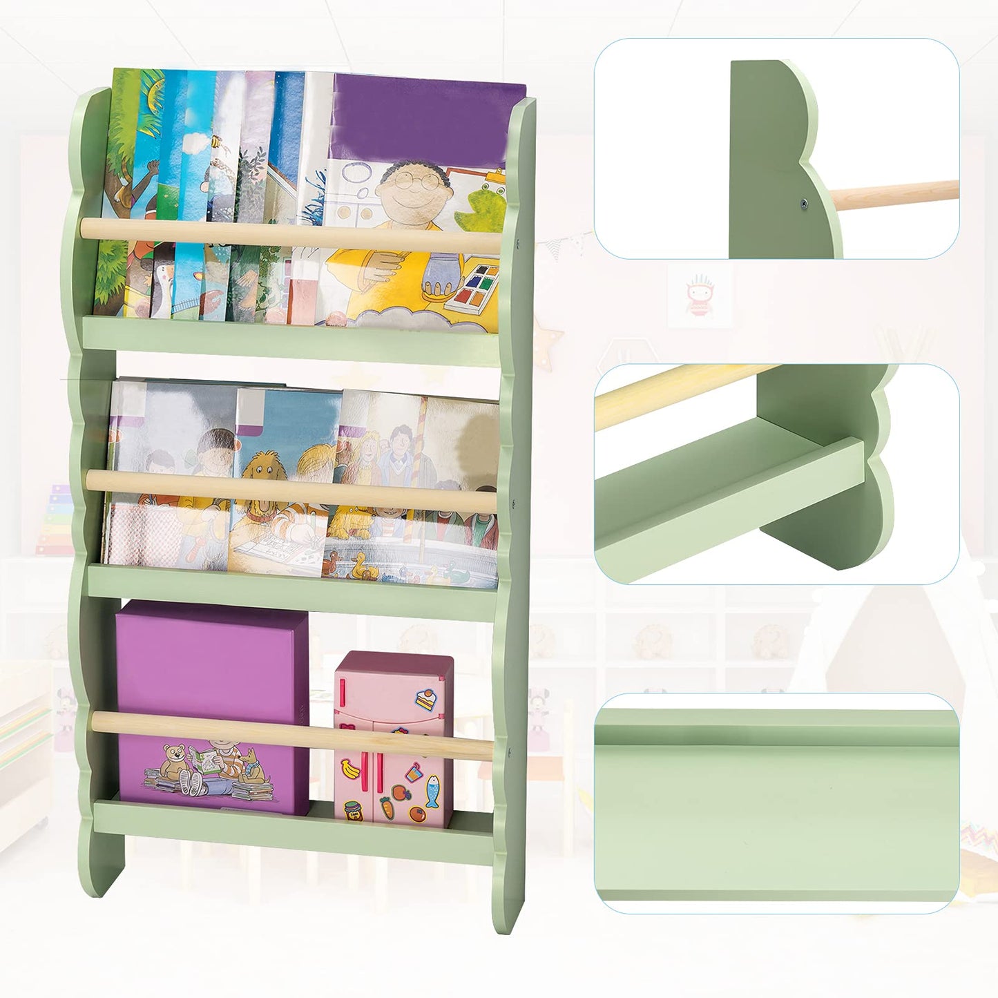 WOLTU Children's Bookshelf Wall, Book Organizer with 3 Shelves, Kids Shelf for Book Storage, Pine Wood E1 MDF Wall Shelf for Children's Room, Green