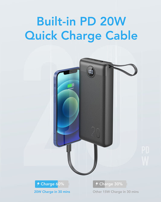 VRURC Powerbank 20000mAh with USB C Cable Portable Charger Fast Charging 22.5W Portable Charger Fast Charging with LED Display External Battery Pack Compatible with iPhone, Huawei, Samsung, etc.