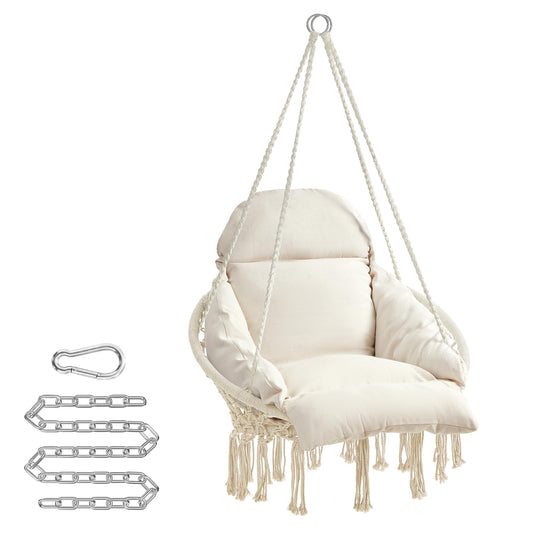 SONGMICS Hanging Chair, Swing Chair, Hammock Chair, Thick Cushion, Scandinavian Style, for Living Room, Patio, Garden, Balcony, Holds up to 120 kg, Accessories Included, Cream White GDC042M01