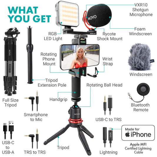 Movo iVlogger-PRO Vlogging Kit with Full Tripod for iPhone/Android – YouTube Starter Kit for Content Creators – Accessories: Phone Tripod, Phone Mount, RGB Light, and VXR10 Shotgun Microphone