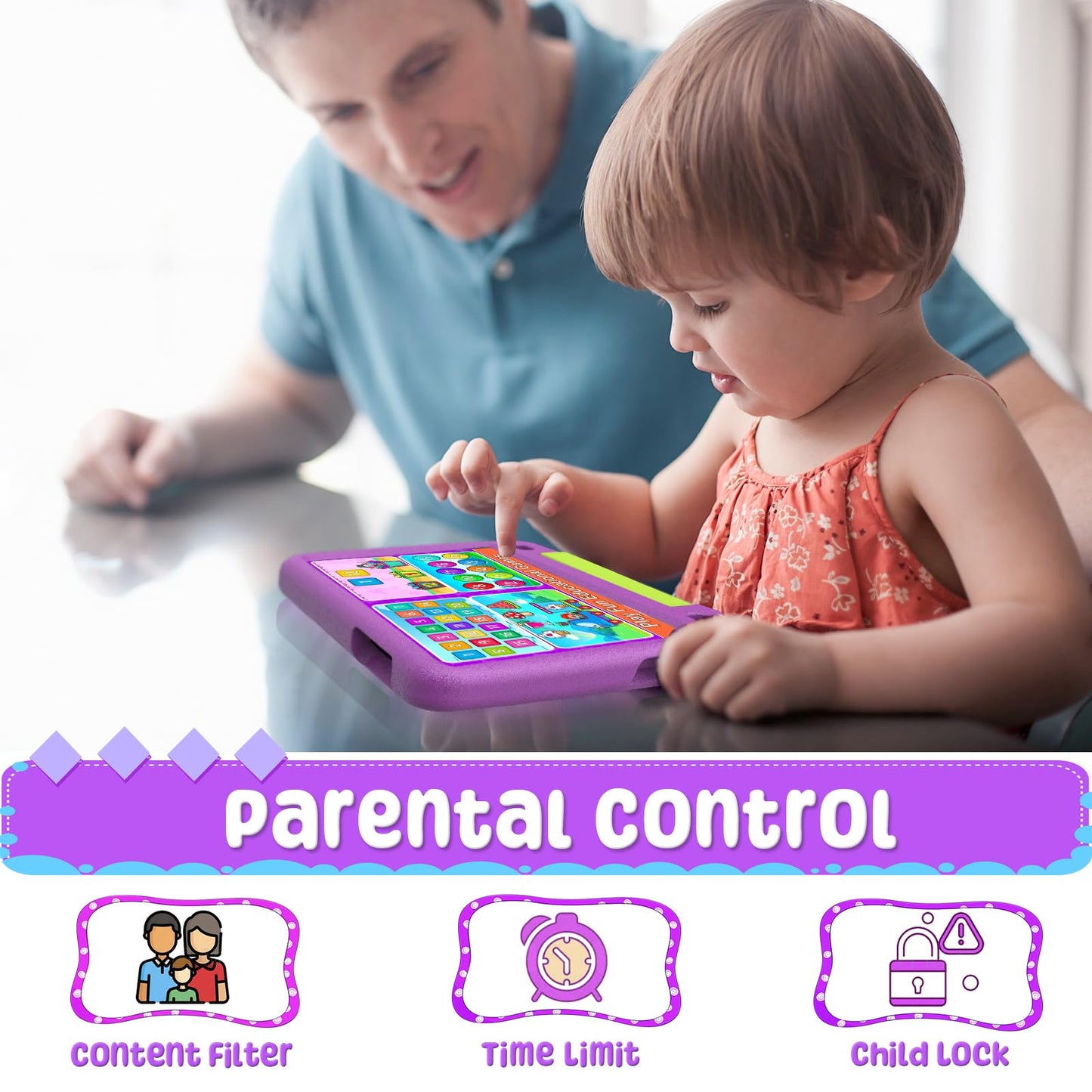 DUODUOGO Kids Tablet 9 Inch Android 12, 8GB RAM + 128GB ROM/TF 1TB, WiFi, 5000mAh, Kids Tablet with Parental Control, Kid Learning Games, Tablet for Kids 6+, with Cases, Computer Bag, Purple