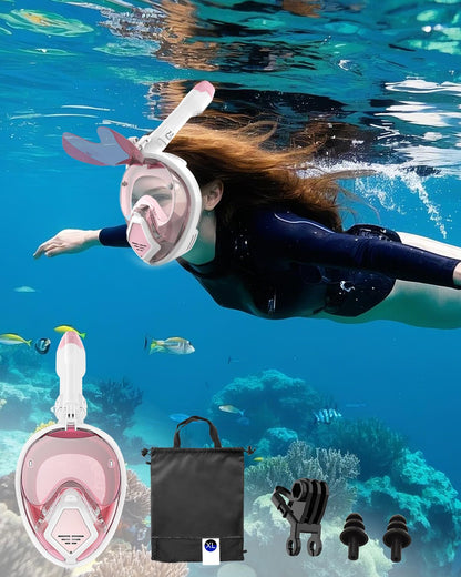Adult snorkel mask, diving equipment for men with fish gill design. Compatible with sports cameras, foldable sunglasses, 180-degree view. Includes glasses holder. (M-Pink)