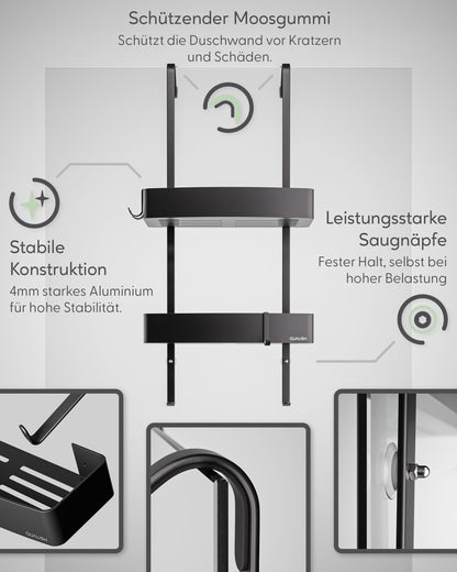 QUALISH® hanging shower shelf - shower caddy hanging on the shower wall - hanging shower basket with glass protection and additional hooks - hanging shower shelf - no drilling required - matte black