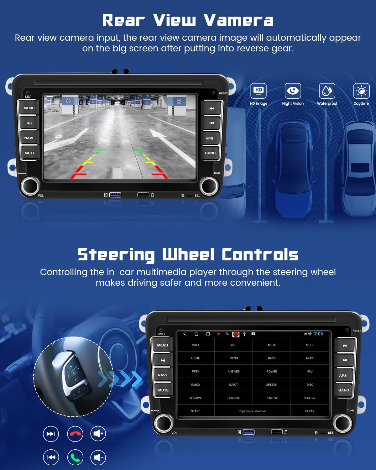 [2G+32G] Hikity Android Car Radio GPS Navigation For VW Golf 5 6 Polo T5 Tiguan Caddy Skoda Passat B6 B7 Touran 7 Inch Car Stereo 2Din with GPS WiFi Bluetooth FM USB Mirror Link MIC Rear View Camera