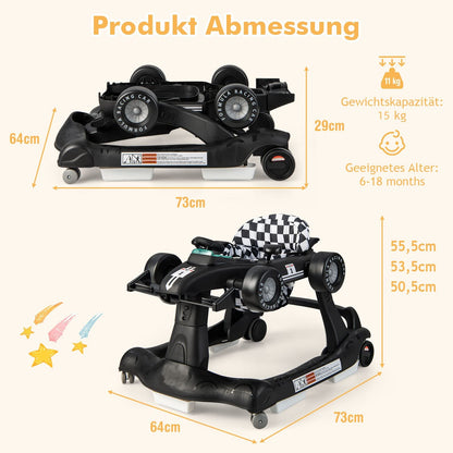DREAMADE 4-in-1 auto-shaped baby walker with adjustable speed, music & lights. Height adjustable and foldable, suitable for babies aged 6 months and older.