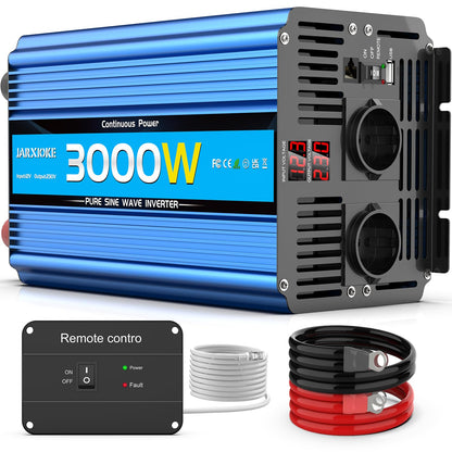 12V to 230V inverter 3000W/6000W Pure Sine Wave Power Converter with remote control, LED display, EU AC outlets, USB port. Perfect for car, camper, boat, camping, power outage.