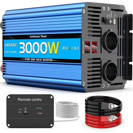 12V to 230V inverter 3000W/6000W Pure Sine Wave Power Converter with remote control, LED display, EU AC outlets, USB port. Perfect for car, camper, boat, camping, power outage.