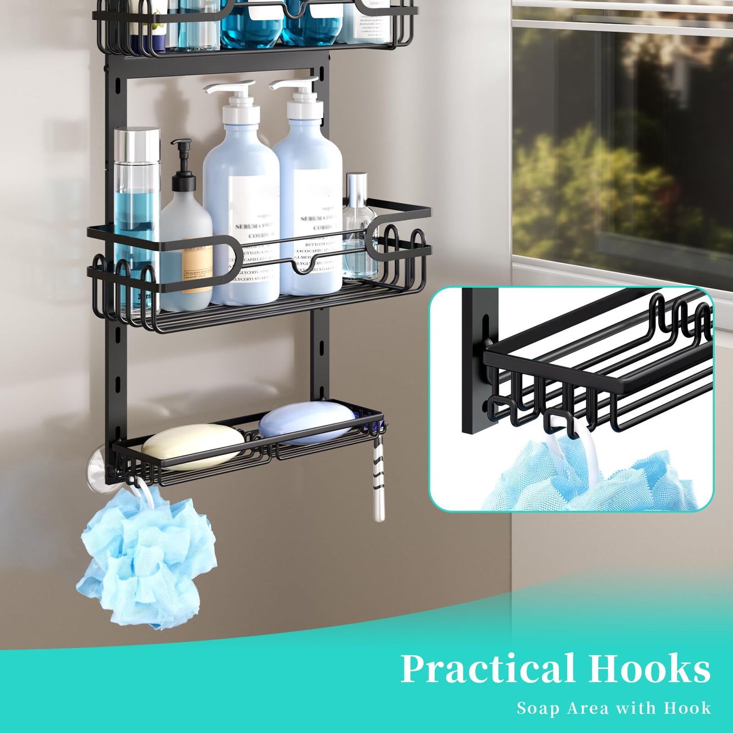 HapiRm Hanging Shower Caddy - Adjustable Hanging Shower Organizer with 4 Shower Baskets, Soap Dish, and Hooks, Over-the-Door Bathroom Shower Caddy