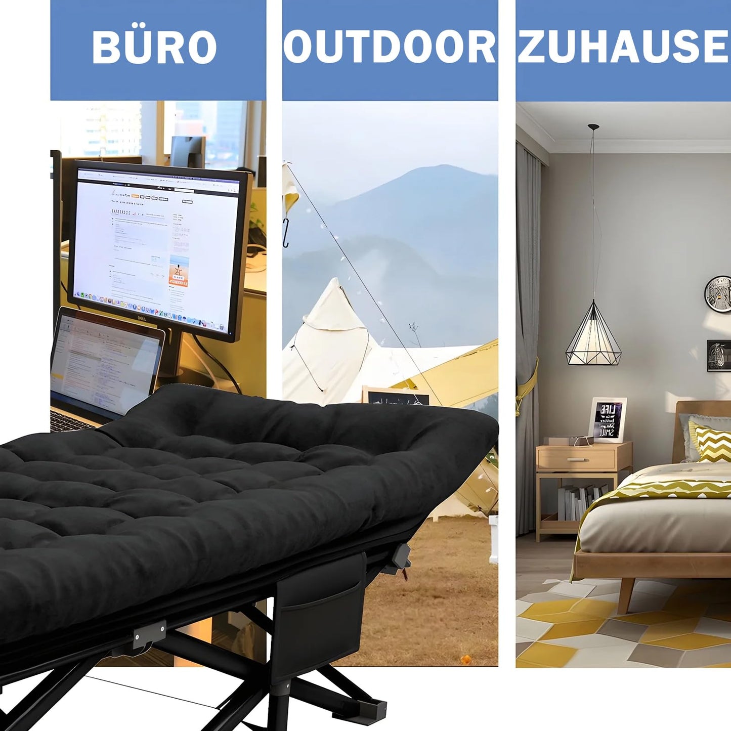 Newfulam folding cot with XXL mattress, 400KG max load, foldable guest bed with mattress, side pocket, carrying bags, portable folding bed for camping, outdoor, office, garden, home nap.