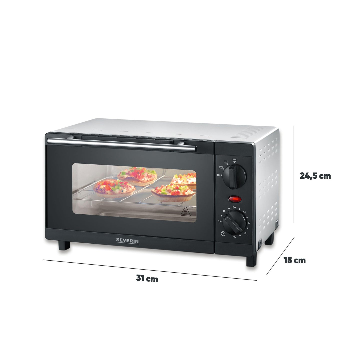 SEVERIN Mini Baking and Toast Oven, compact oven with grill rack and baking tray, with upper and lower heat, 800W, 9 L, silver/black, TO 2052
