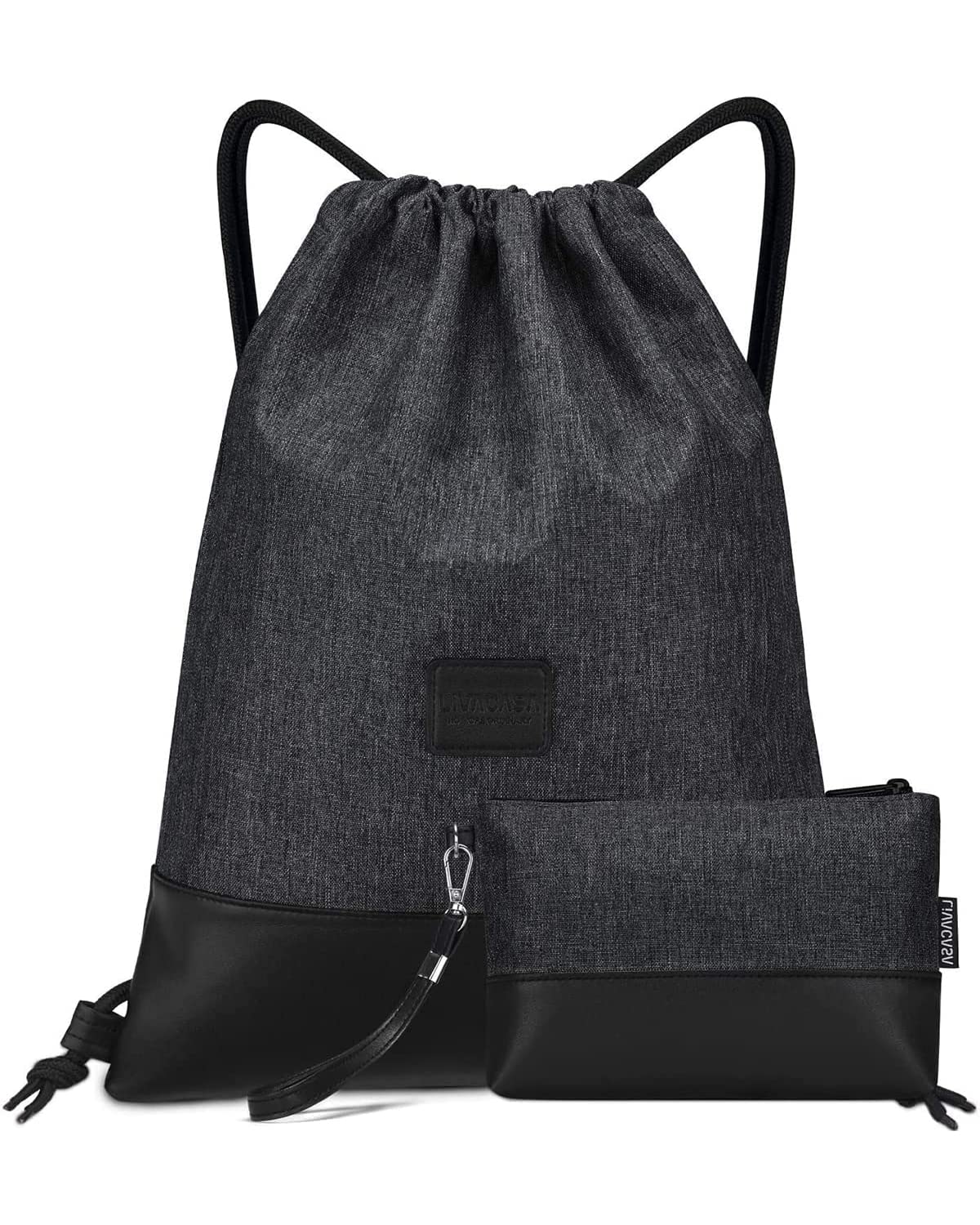 LIVACASA gym bag, made of water-resistant material with leather accents, lined with inner pocket and keychain. Perfect for men and women, this black gymsack includes an outer pocket and money pouch.