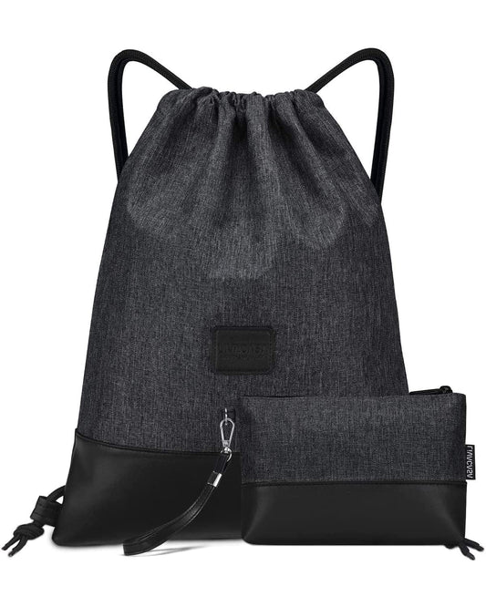 LIVACASA gym bag, made of water-resistant material with leather accents, lined with inner pocket and keychain. Perfect for men and women, this black gymsack includes an outer pocket and money pouch.