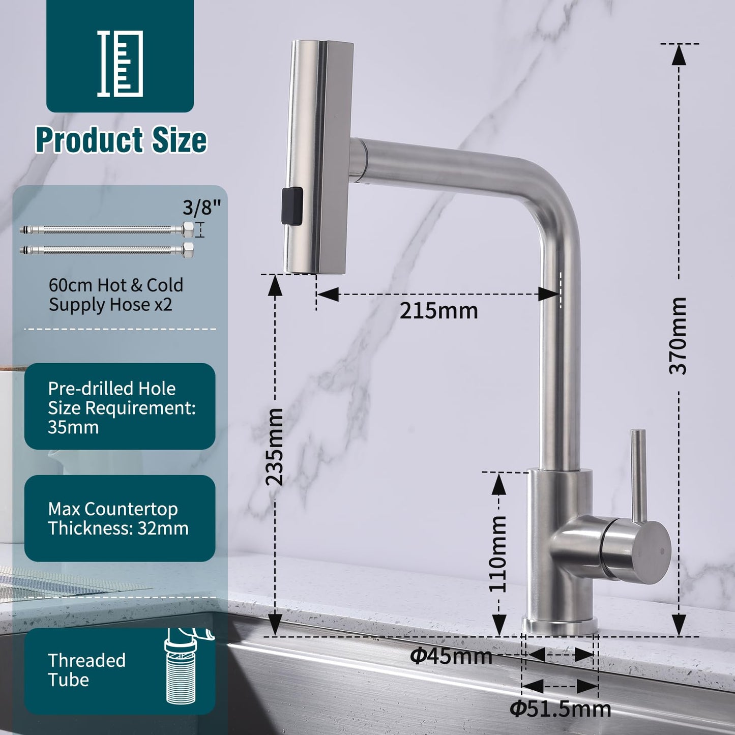 HOMELODY kitchen faucet, pull-out kitchen faucet with 3 spray modes, sink faucet with sprayer, kitchen faucet 360° rotatable, stainless steel brushed kitchen mixer.