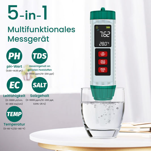 PlayDen PH Meter Water, PH/TDS/EC/Salinity/Thermometer 5 in 1 pH Value Meter with LCD Display, Automatic Temperature Compensation pH Pool Tester, High Precision Drinking Water Tester