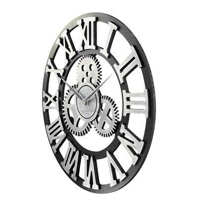 Lafocuse wooden wall clock large industrial silver, silent vintage wall clock 60cm XXL, gear roman numerals steampunk large for living room kitchen.