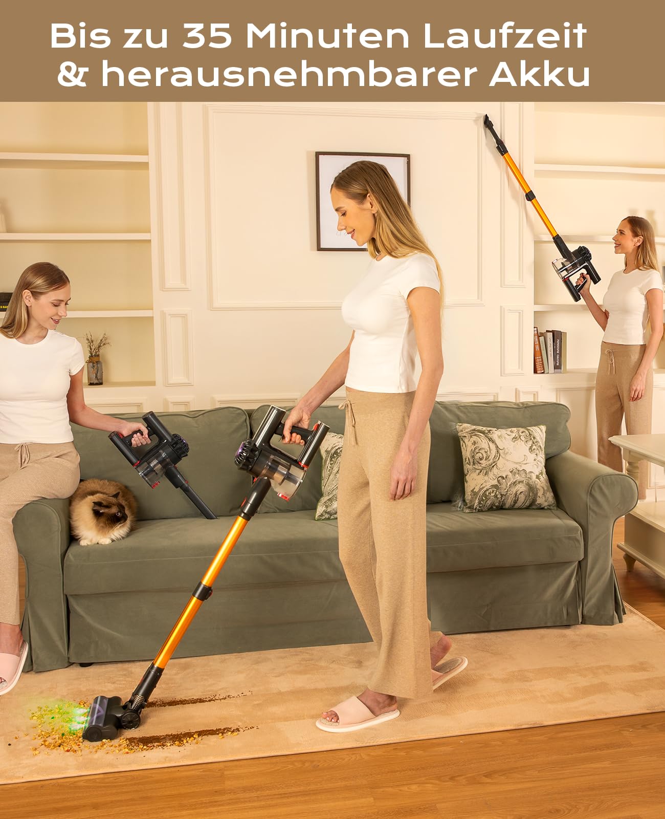 VACTechPro V15 Cordless Battery Vacuum, 35KPa Wireless Vacuum with Removable Battery, up to 35min Runtime, 6 in 1 Battery Vacuum for Hardwood Floors Carpet & Gold
