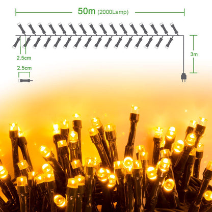 Quntis 2000 LEDs 50M Outdoor Warm White String Lights, Christmas Lights Indoor Plug-in, IP44 Outdoor String Lights, 8 Modes Christmas Decor for Garden Christmas Tree Bushes Balcony Patio Room