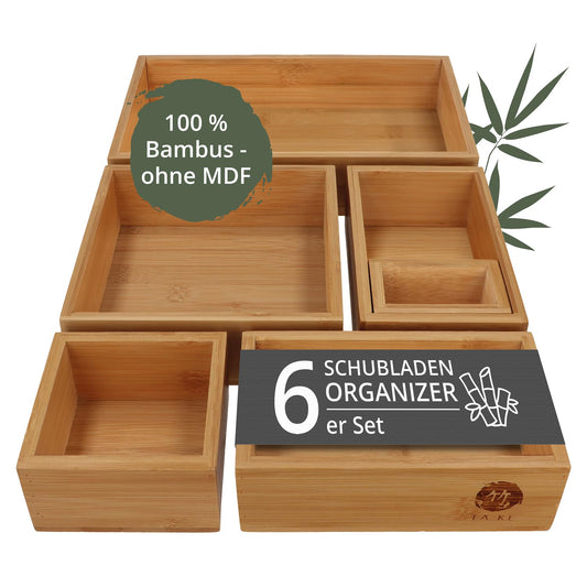 TAKE® 6-piece Bamboo Drawer Organizer Set - Boxes in various sizes for kitchen, bathroom & office, vanity drawer organizer, drawer organizer