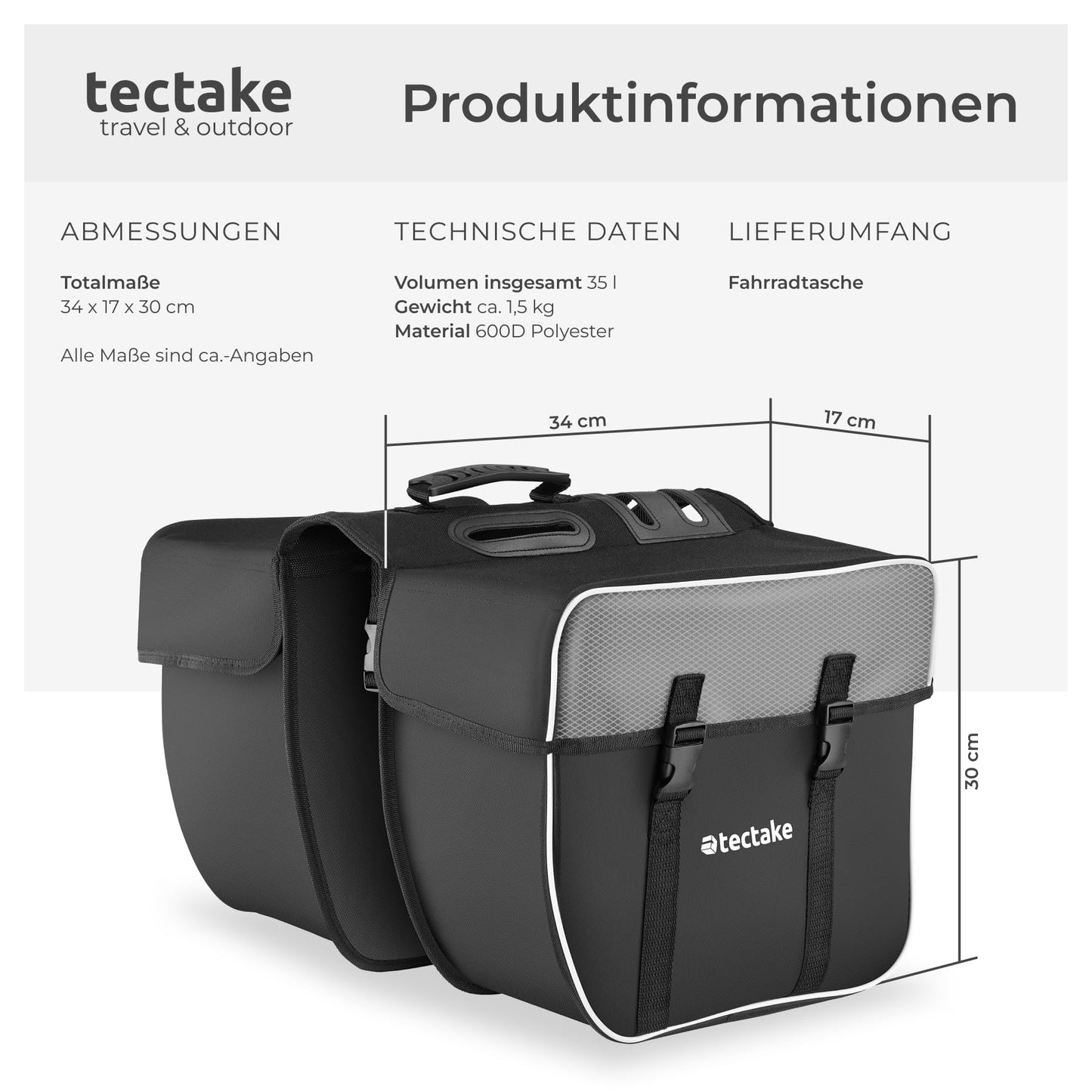 tectake® Luggage carrier bag for bicycles and eBikes, 35 L, Bicycle bags for luggage carrier, Saddle bag made of water-repellent PVC, Luggage carrier bags with reflective stripes and carrying handle, Bikepacking