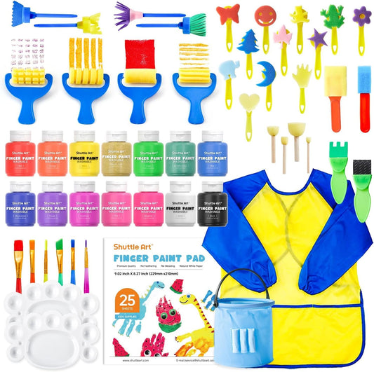 Shuttle Art 53-piece finger paint kids non-toxic craft set with 14 colors (60ml each) finger paints for kids, brushes, finger paint coloring book, sponge, sponge spatula, palette, painting set for kids.