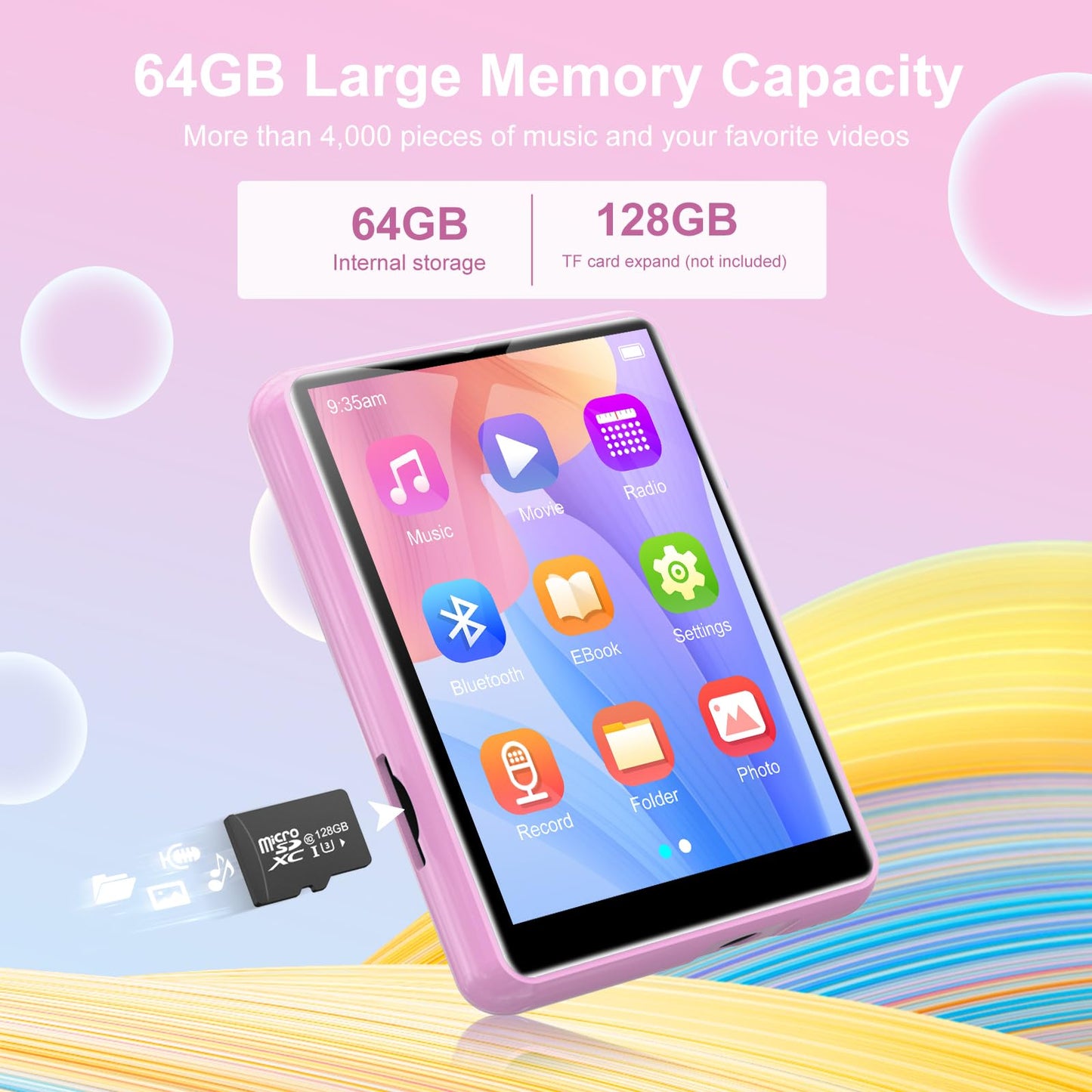 64GB MP3 player with Bluetooth 5.3, 2.4 inch full touchscreen, portable music player with HiFi lossless digital audio, speaker, FM radio, E-Book, supports up to 128GB. Available in pink.