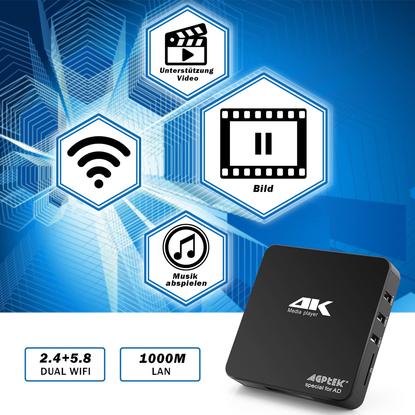 AGPTEK 4K@60hz MP4 Media Player supports 8TB HDD/256G USB Drive/SD Card with HDMI/AV Output for HDTV/PPT MKV AVI MP4 H.265. Features include ad insertion, subtitles/timing, and keyboard control.
