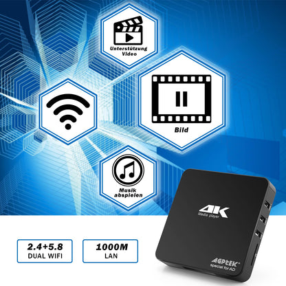 AGPTEK 4K@60hz MP4 Media Player supports 8TB HDD/256G USB Drive/SD Card with HDMI/AV Output for HDTV/PPT MKV AVI MP4 H.265. Features include ad insertion, subtitles/timing, and keyboard control.