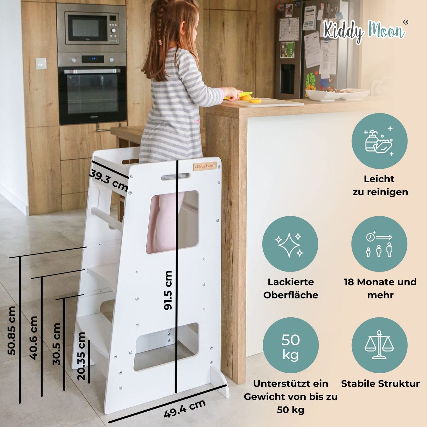 KiddyMoon Learning Tower for Children from 1 Year, Anti-Tip Protection, Height Adjustable (3 Levels), Montessori Learning Tower, Kitchen Helper, Highest Safety, Including Assembly Accessories, Model ST-003, Gray