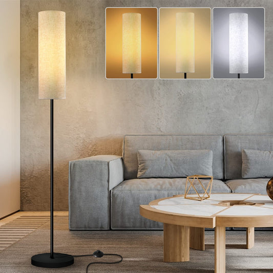 Floor lamp, LED floor lamp with 3 color temperatures 3000-6500K 12W E27 floor lamp Modern reading lamp with linen lampshade & foot switch Retro floor lamp for living room, bedroom, 175cm