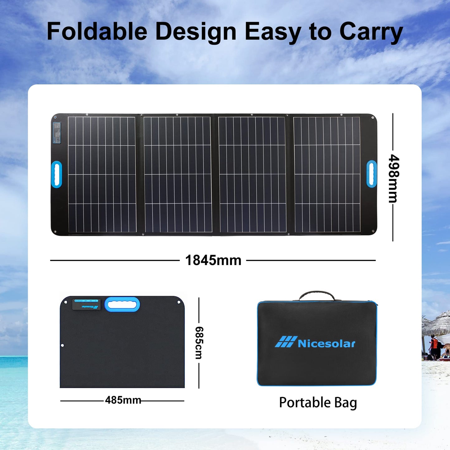 NiceeSolar 200W Foldable Solar Panel IP67 Waterproof Solar Module Foldable Solar Charger with USB-A&C PD 65W for garden balcony, caravan, camping, portable power station, solar generator.