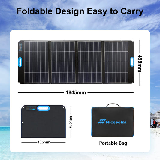 NiceeSolar 200W Foldable Solar Panel IP67 Waterproof Solar Module Foldable Solar Charger with USB-A&C PD 65W for garden balcony, caravan, camping, portable power station, solar generator.