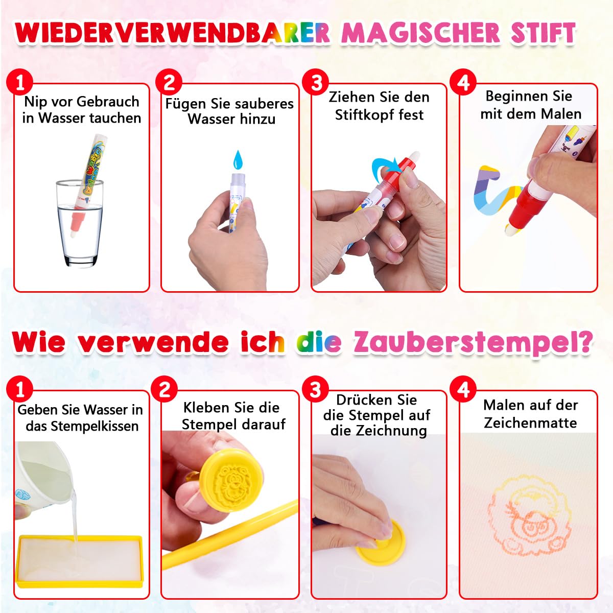 Aqua Magic Doodle Mat - Water Drawing Mat 100 * 70cm Kids, Large Magic Drawing Mat with Water Book, 4 Magic Pens, 8 Stamp Set Toy for 2 3 4 5 Year Old Girls Boys Gift