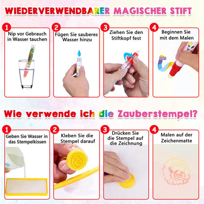 Aqua Magic Doodle Mat - Water Drawing Mat 100 * 70cm Kids, Large Magic Drawing Mat with Water Book, 4 Magic Pens, 8 Stamp Set Toy for 2 3 4 5 Year Old Girls Boys Gift