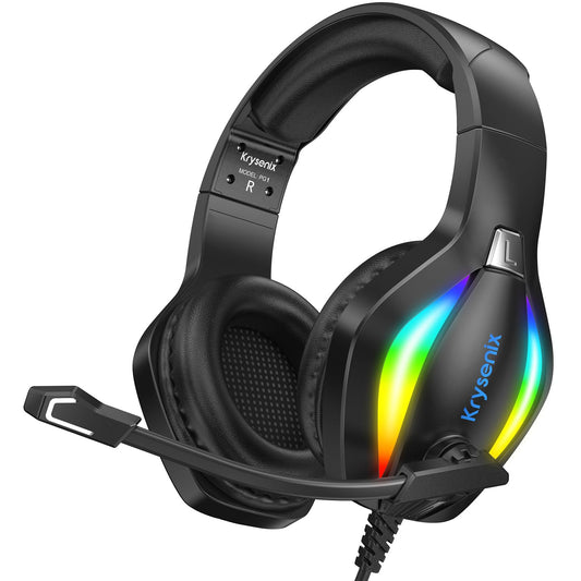 Krysenix PG1 RGB Gaming Headset for PS4, PS5, PC, Nintendo Switch, Xbox. Headset with microphone, gaming headphones with noise-canceling feature. 3.5mm jack in black.