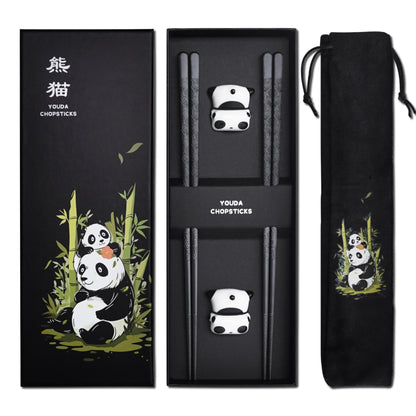Reusable fiberglass chopstick set with panda design - 2 pairs of dishwasher-safe chopsticks + ceramic rest - elegant Chinese gift